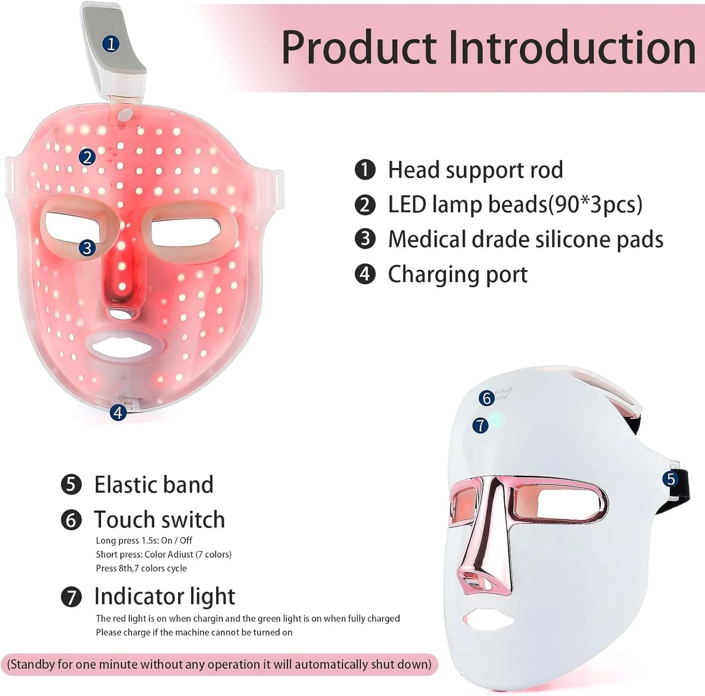 7-Color LED Light Therapy Facial Mask, Anti-Aging, Anti-Acne Skincare, white