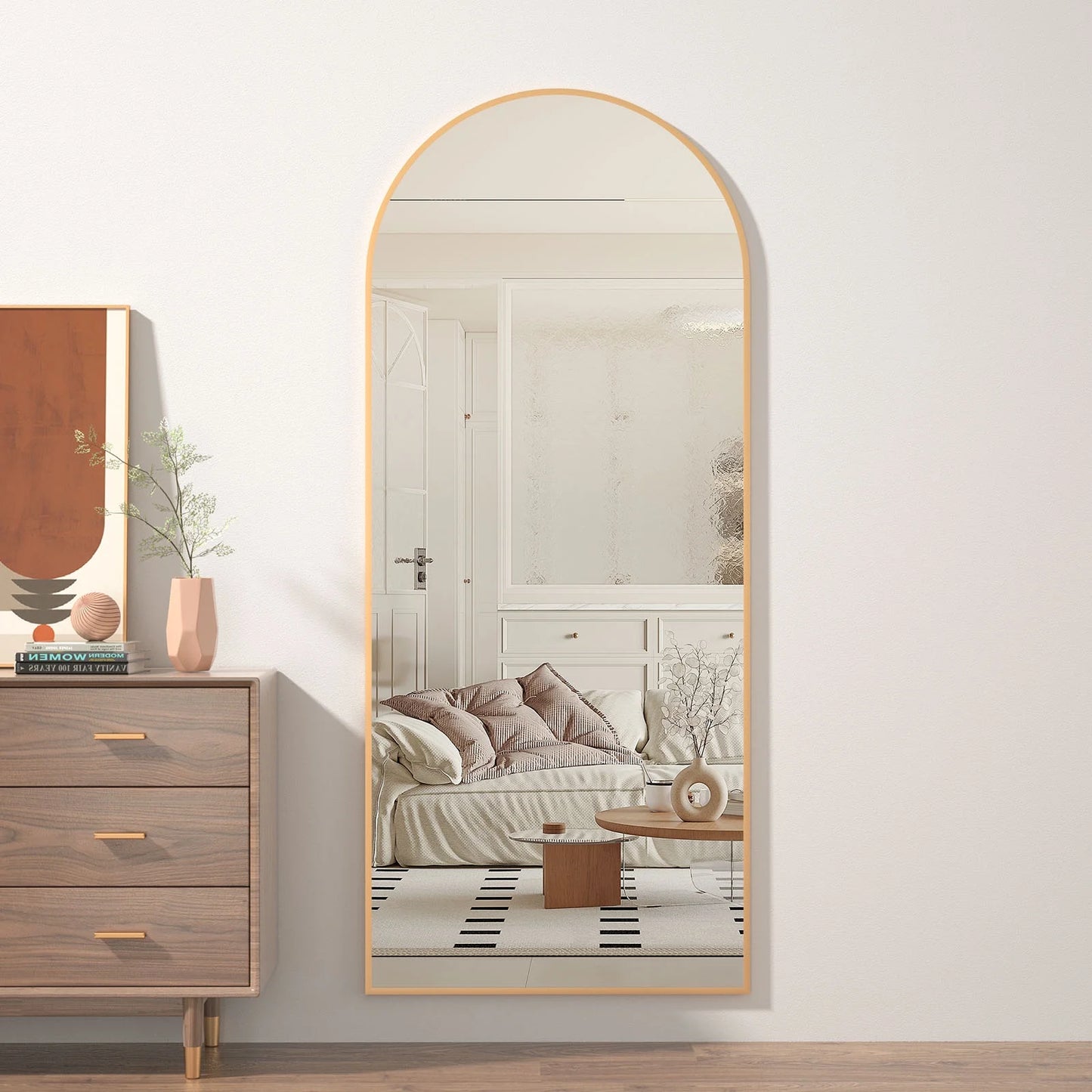 Arched Full-Length Floor Mirror, 64"X21" Full Body Standing Mirror, Gold