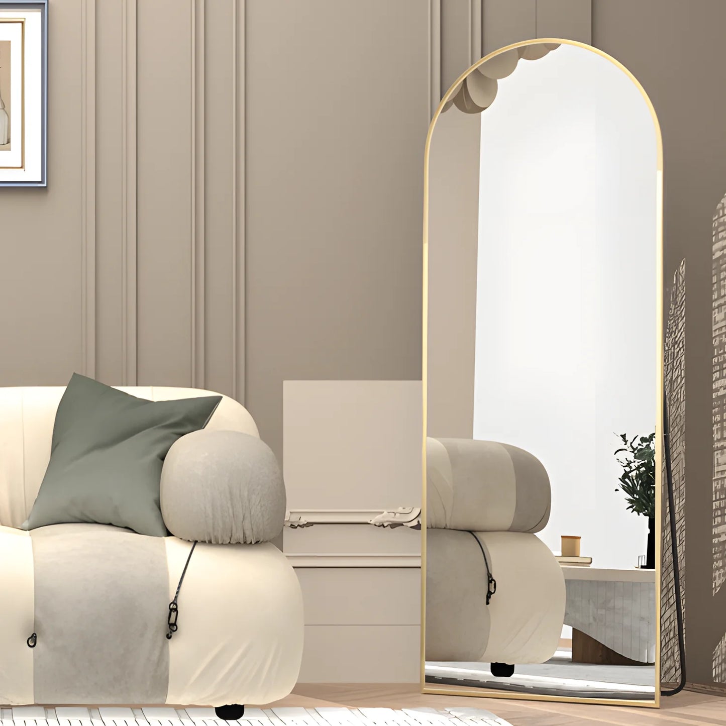 Arched Full-Length Floor Mirror, 64"X21" Full Body Standing Mirror, Gold