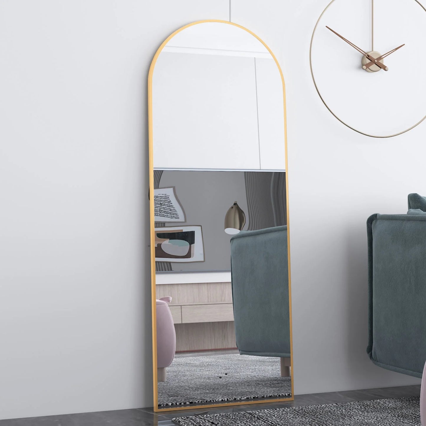 Arched Full-Length Floor Mirror, 64"X21" Full Body Standing Mirror, Gold