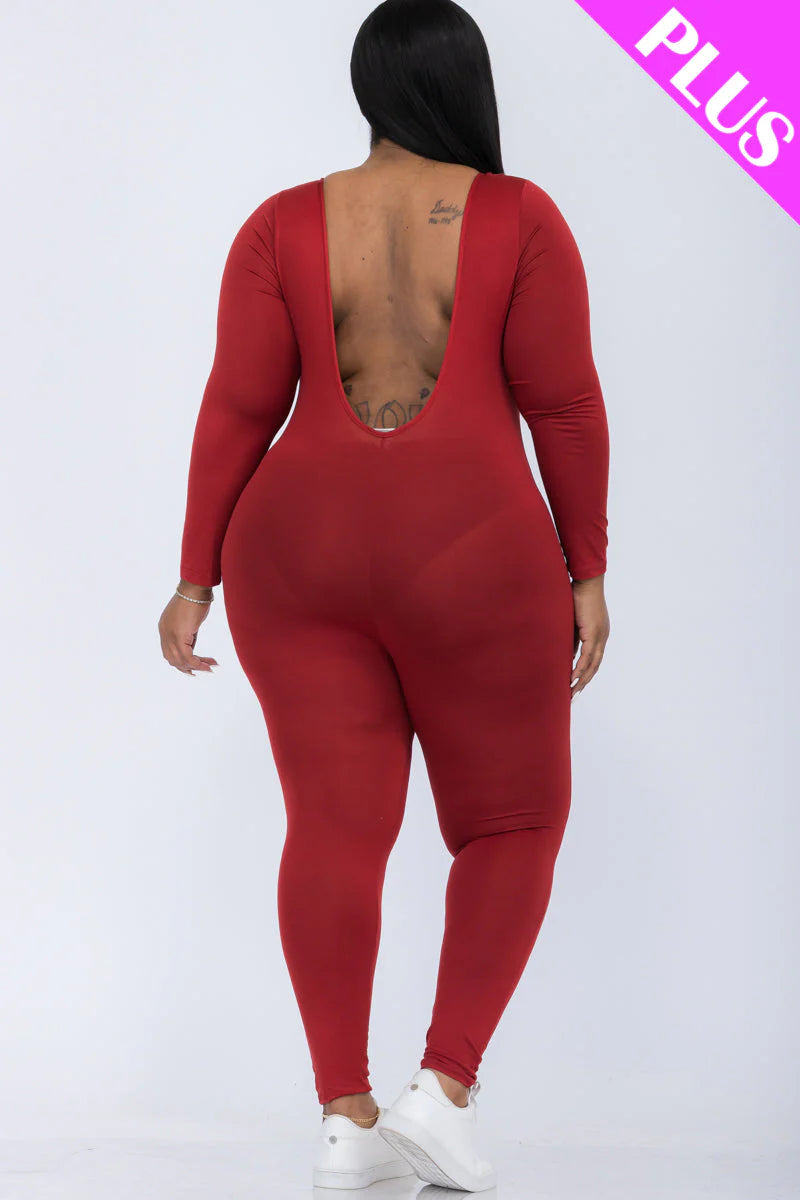 Scoop Neck Long Sleeve Bodycon Jumpsuit, Plus Size