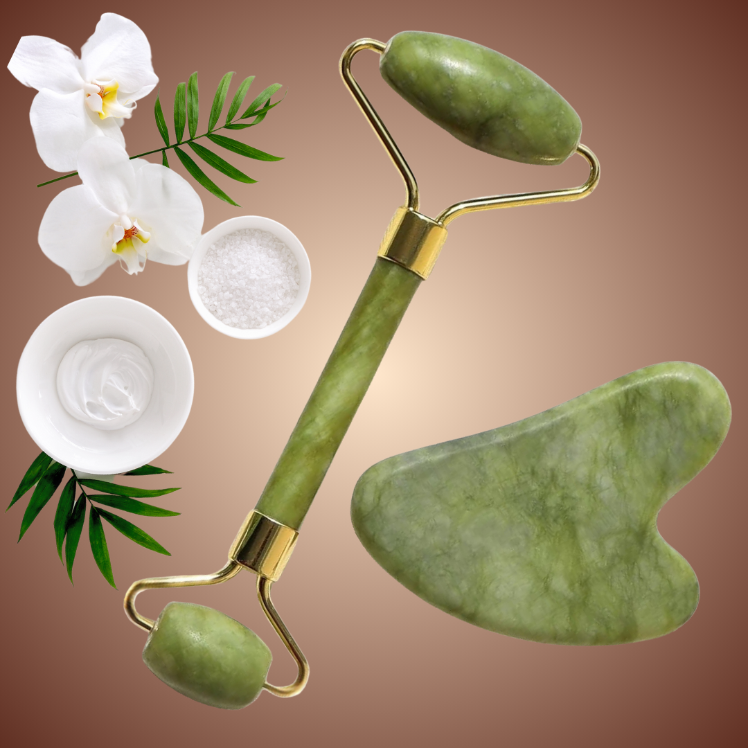 Facial Roller & Gua Sha Set for Skin Care, Lymphatic Drainage Massage, Jade