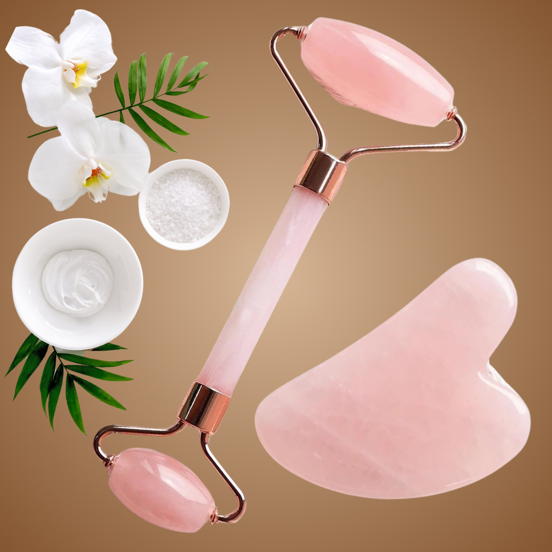 Facial Roller & Gua Sha Set for Skin Care, Lymphatic Drainage Massage, Pink Quartz