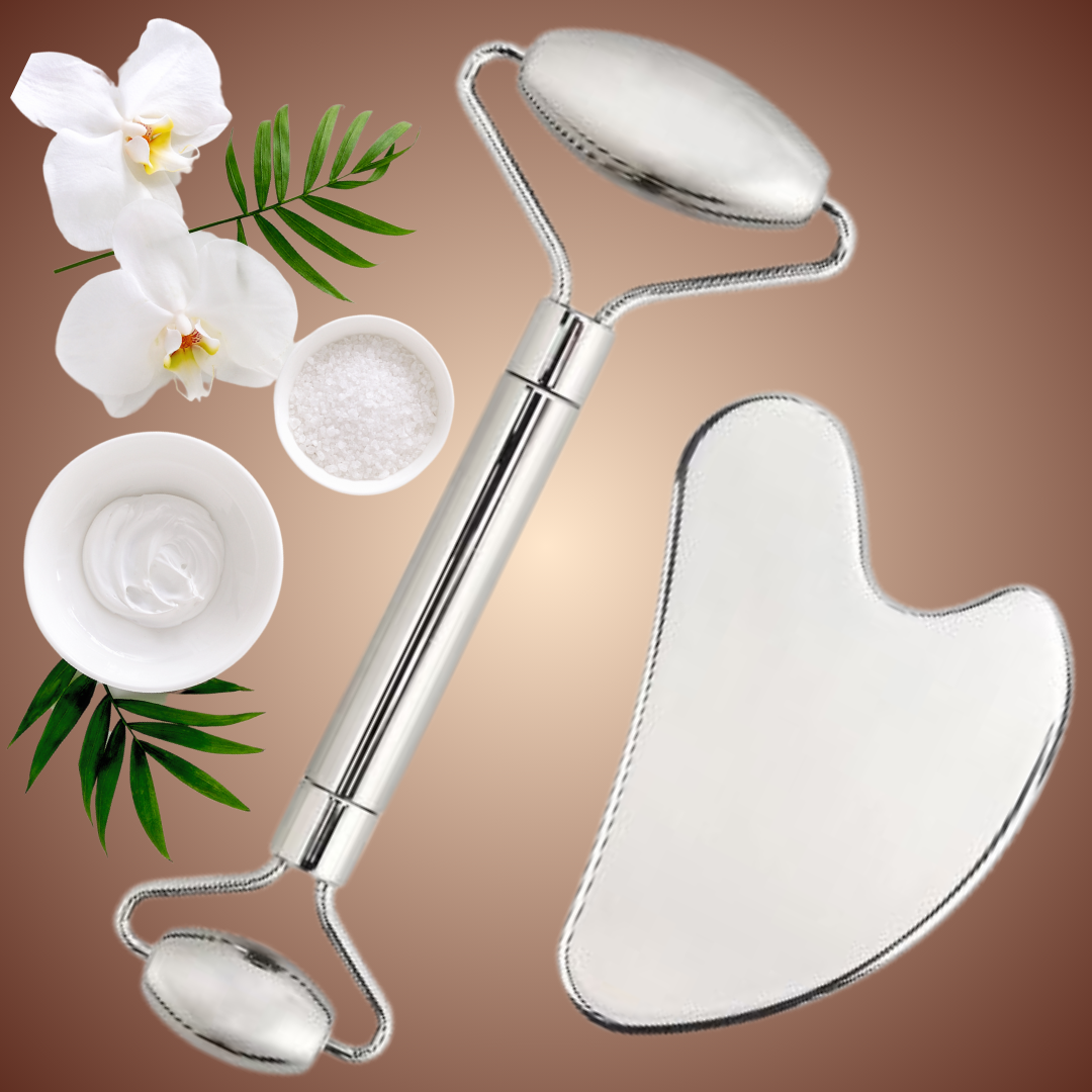 Facial Roller & Gua Sha Set for Skin Care, Lymphatic Drainage Massage, Stainless Steel