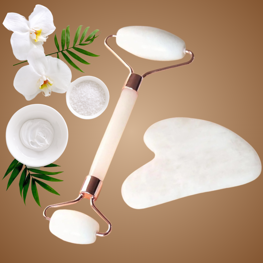 Facial Roller & Gua Sha Set for Skin Care, Lymphatic Drainage Massage, White Jade