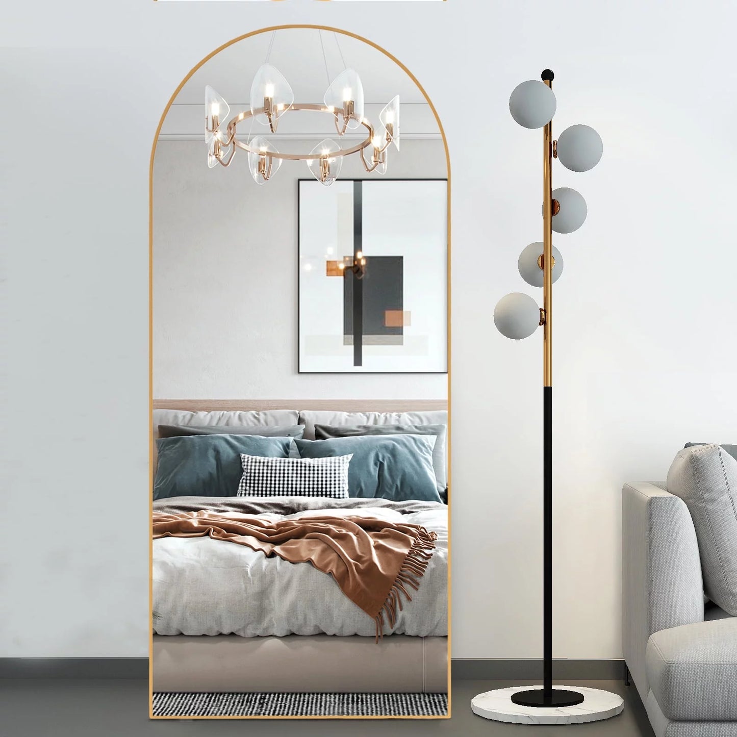 Arched Full-Length Floor Mirror, 64"X21" Full Body Standing Mirror, Gold