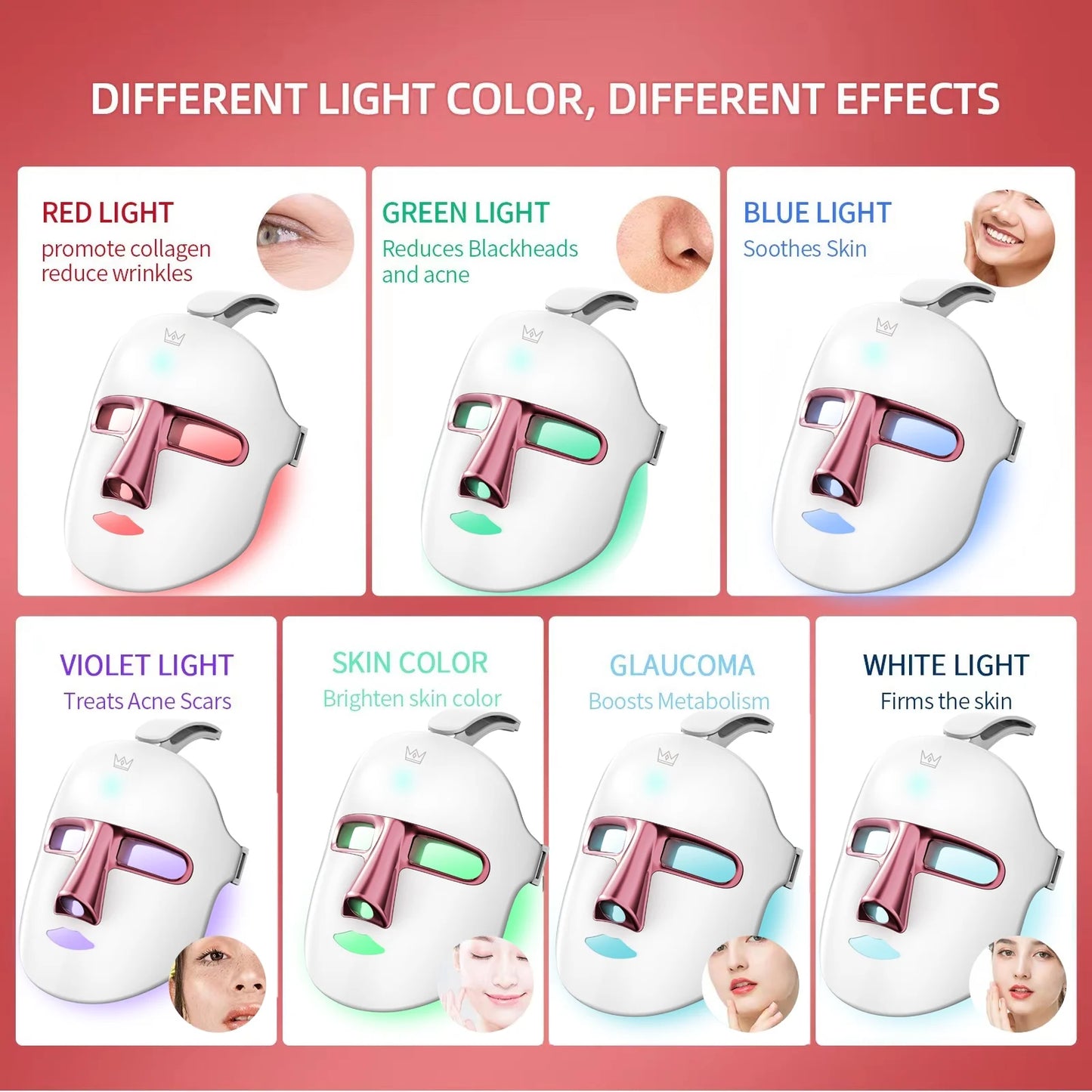 7-Color LED Light Therapy Facial Mask, Anti-Aging, Anti-Acne Skincare, white