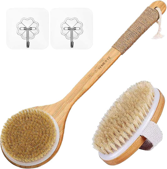 Dry Brushing Body Brush Set (2-Piece) – Wooden Long-Handle & Handheld Exfoliating Brushes for Lymphatic Massage, Smooth, Glowing Skin