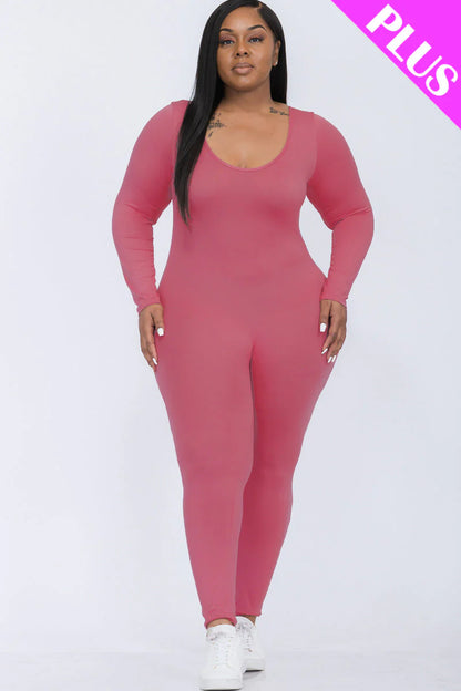 Scoop Neck Long Sleeve Bodycon Jumpsuit, Plus Size