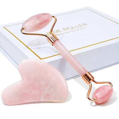 Pink Quartz Facial Roller & Gua Sha for Skin Care, Lymphatic Drainage Massage