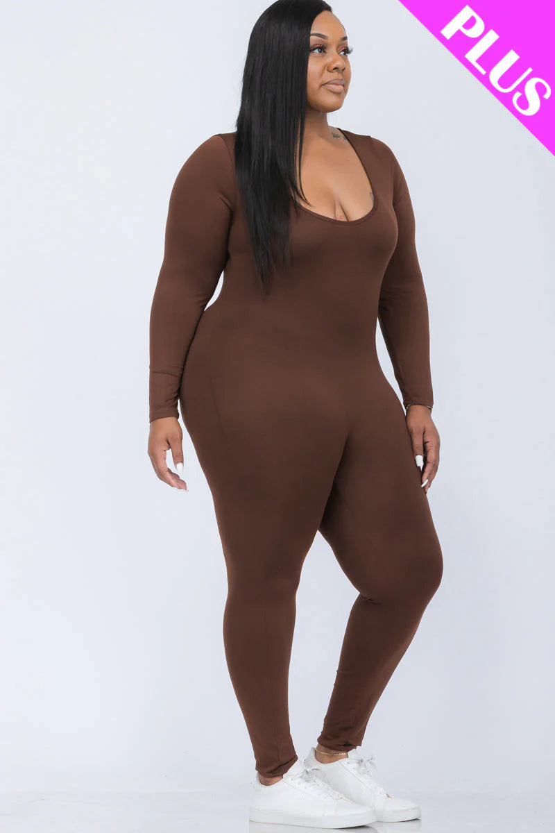 Scoop Neck Long Sleeve Bodycon Jumpsuit, Plus Size