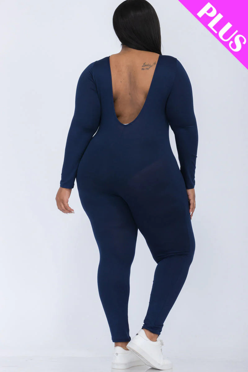 Scoop Neck Long Sleeve Bodycon Jumpsuit, Plus Size