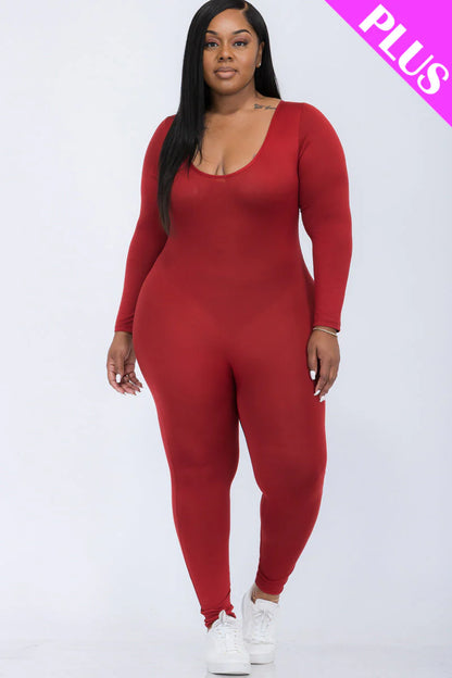 Scoop Neck Long Sleeve Bodycon Jumpsuit, Plus Size