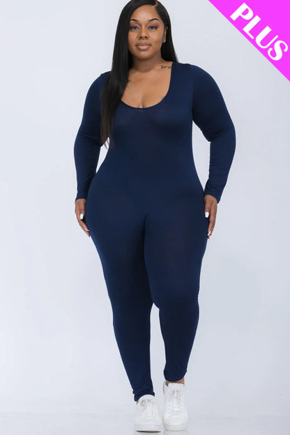 Scoop Neck Long Sleeve Bodycon Jumpsuit, Plus Size