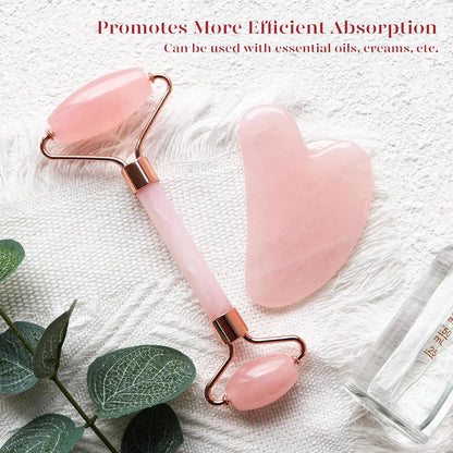 Pink Quartz Facial Roller & Gua Sha for Skin Care, Lymphatic Drainage Massage