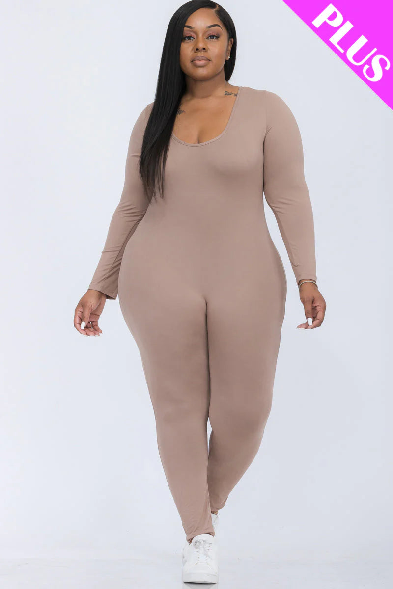 Scoop Neck Long Sleeve Bodycon Jumpsuit, Plus Size