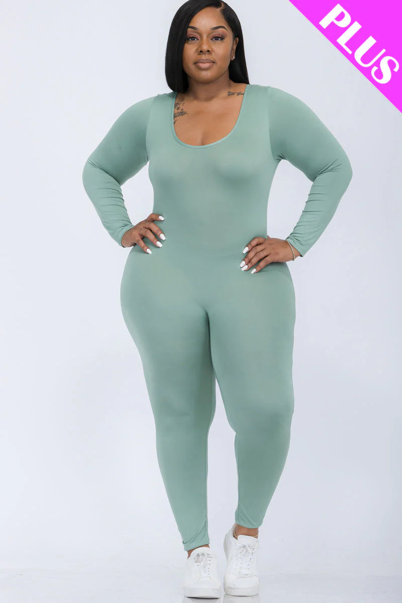 Scoop Neck Long Sleeve Bodycon Jumpsuit, Plus Size