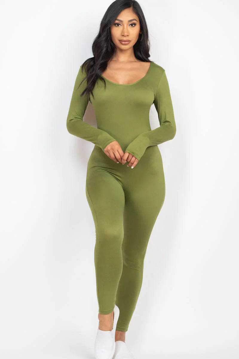 Scoop Neck Long Sleeve Bodycon Jumpsuit