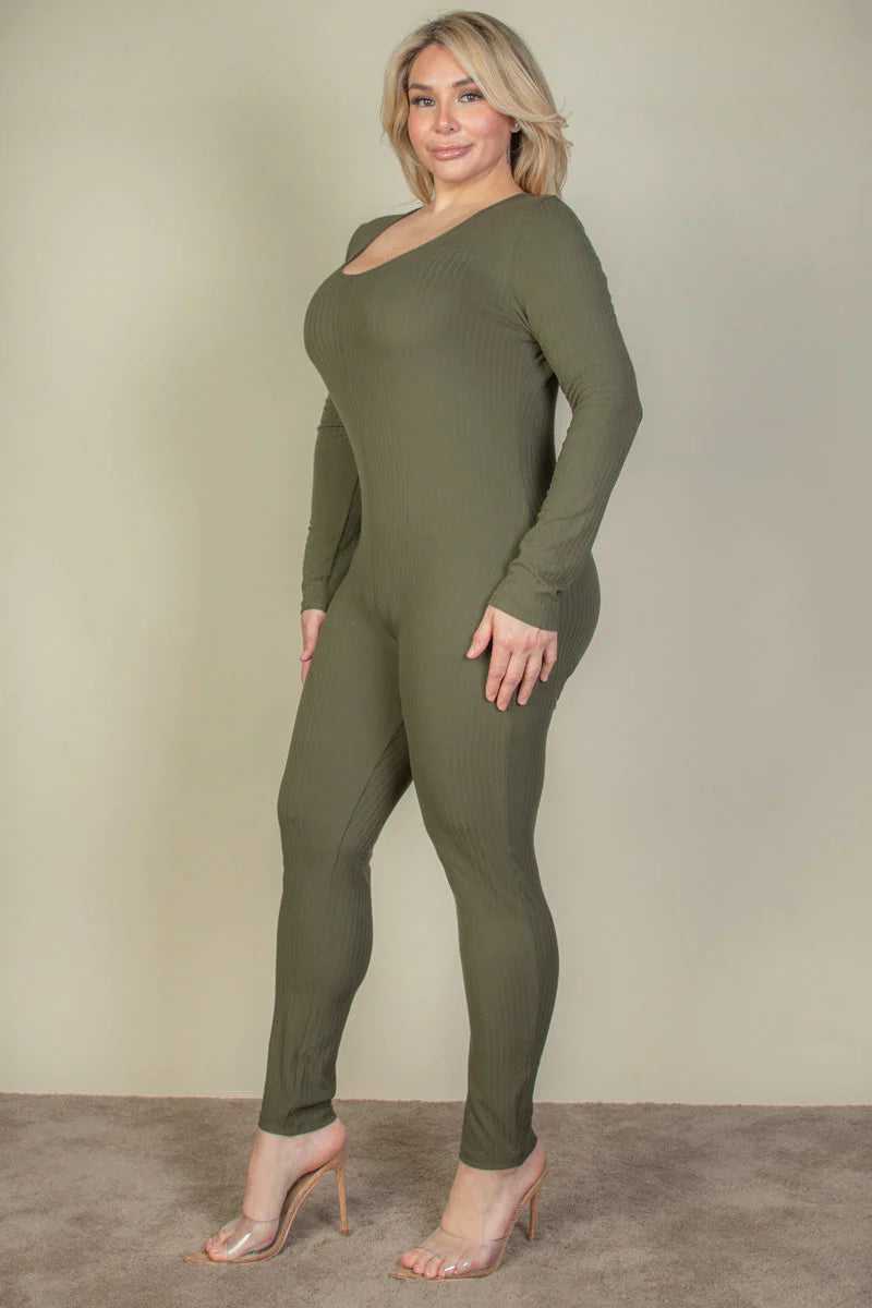 Ribbed Scoop Neck Long Sleeve Jumpsuit, Plus Size