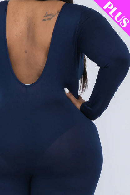 Scoop Neck Long Sleeve Bodycon Jumpsuit, Plus Size