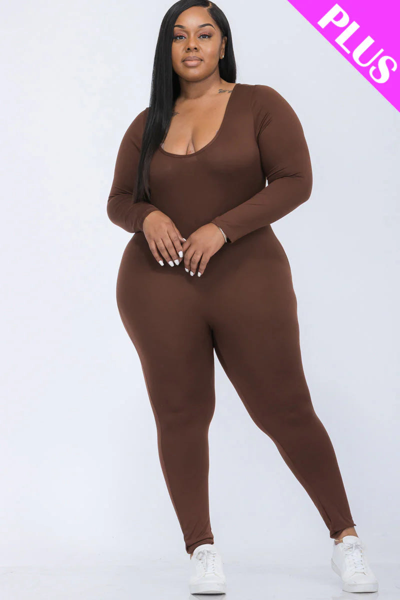 Scoop Neck Long Sleeve Bodycon Jumpsuit, Plus Size