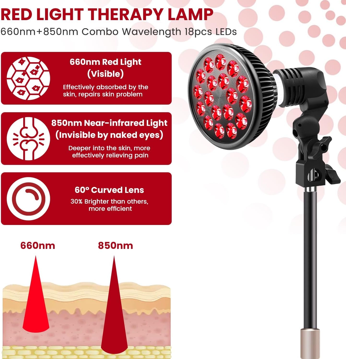 Red Light Therapy Lamp with Adjustable Stand – LED Face & Body Light (660nm + 850nm)