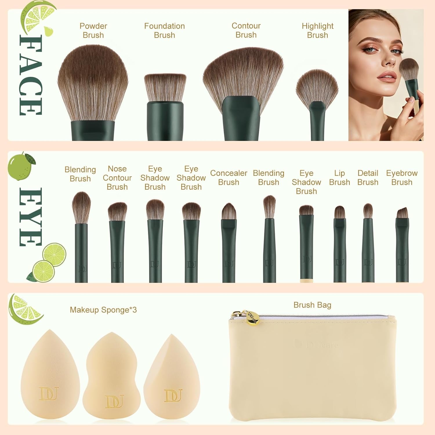 14-Piece Makeup Brush Set with Sponges & Cosmetic Bag, Cruelty-Free, Vegan