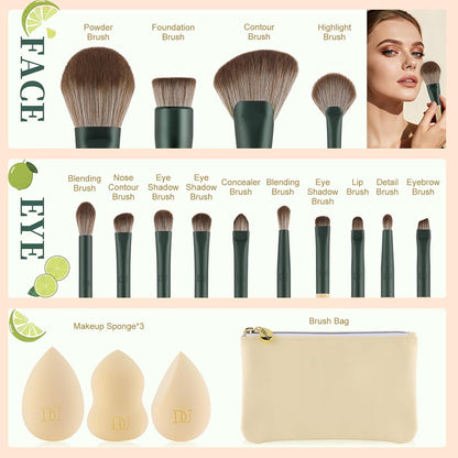 14-Piece Makeup Brush Set with Sponges & Cosmetic Bag, Cruelty-Free, Vegan