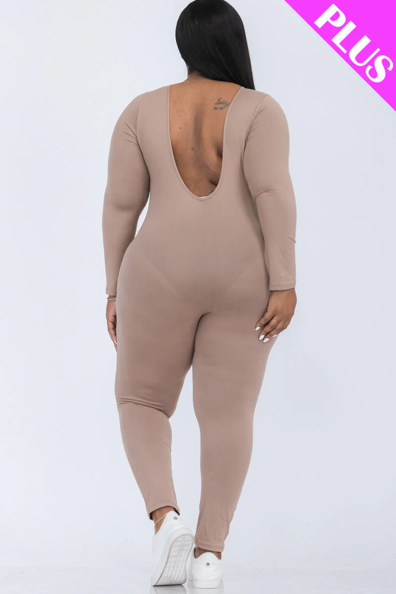 Scoop Neck Long Sleeve Bodycon Jumpsuit, Plus Size