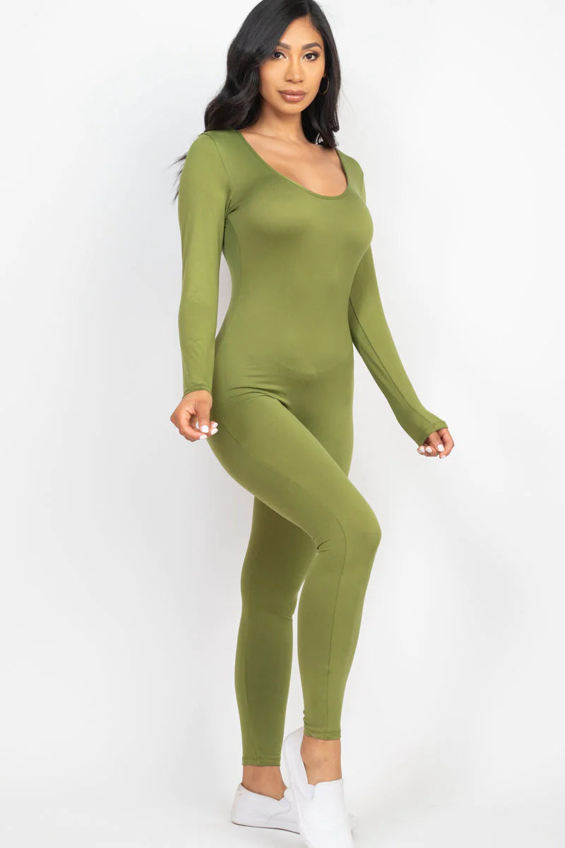 Scoop Neck Long Sleeve Bodycon Jumpsuit