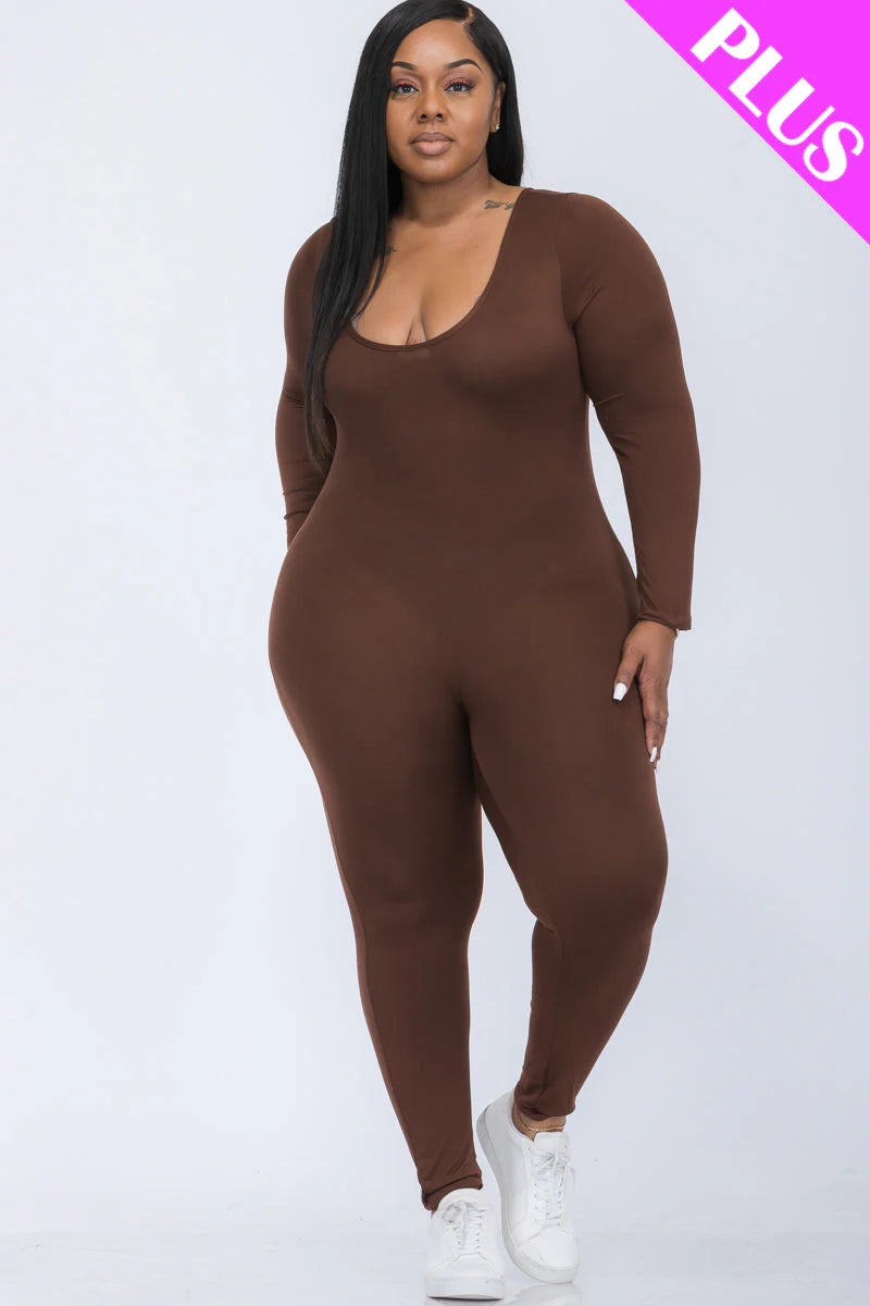 Scoop Neck Long Sleeve Bodycon Jumpsuit, Plus Size