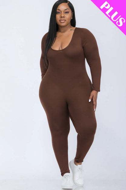 Scoop Neck Long Sleeve Bodycon Jumpsuit, Plus Size