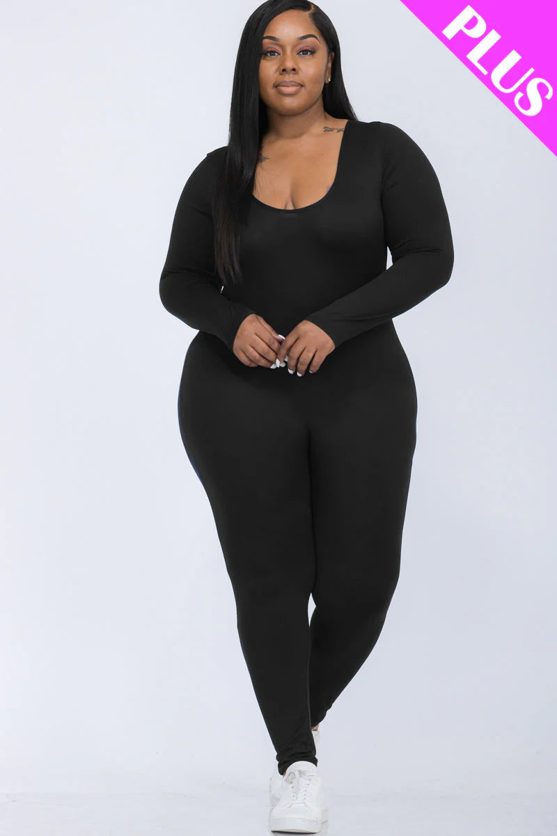 Scoop Neck Long Sleeve Bodycon Jumpsuit, Plus Size