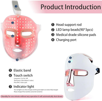 7-Color LED Light Therapy Facial Mask, Anti-Aging, Anti-Acne Skincare, white