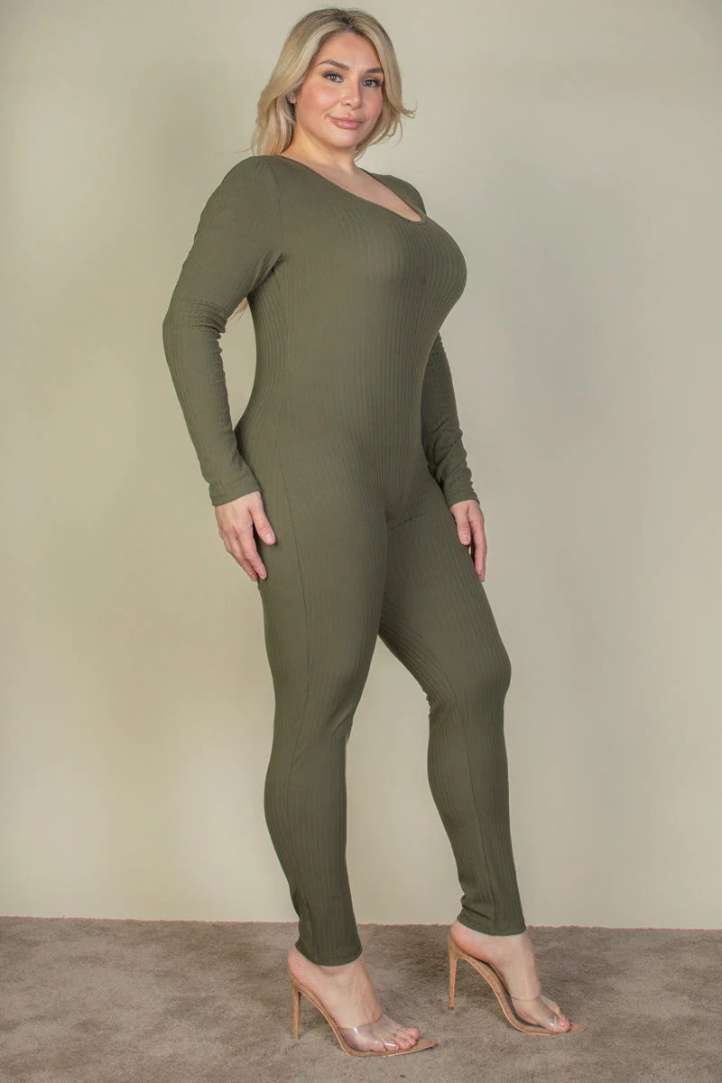 Ribbed Scoop Neck Long Sleeve Jumpsuit, Plus Size