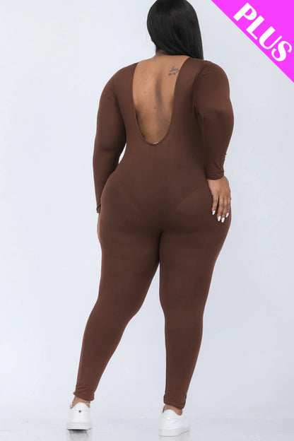 Scoop Neck Long Sleeve Bodycon Jumpsuit, Plus Size