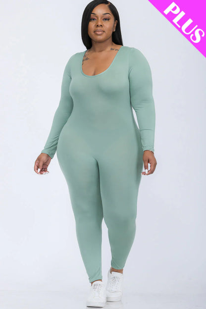 Scoop Neck Long Sleeve Bodycon Jumpsuit, Plus Size