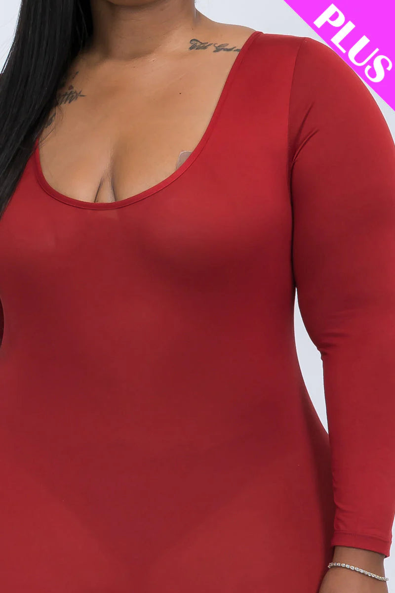 Scoop Neck Long Sleeve Bodycon Jumpsuit, Plus Size