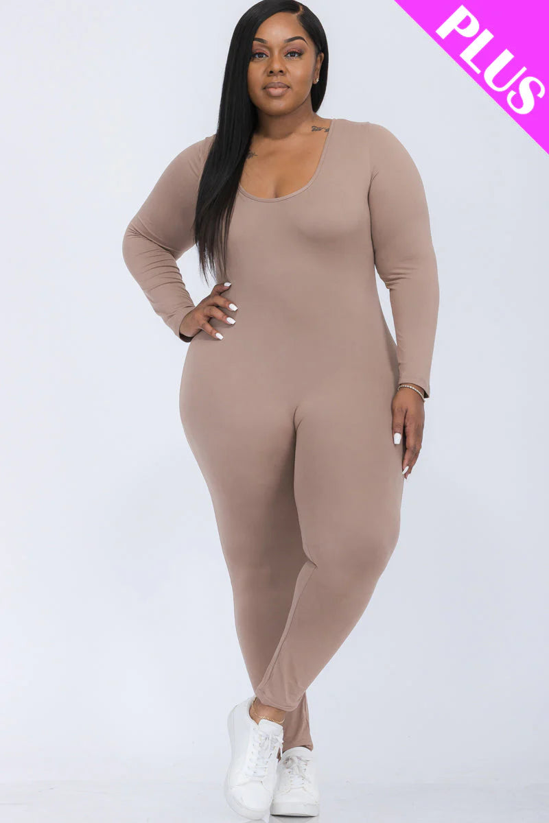 Scoop Neck Long Sleeve Bodycon Jumpsuit, Plus Size