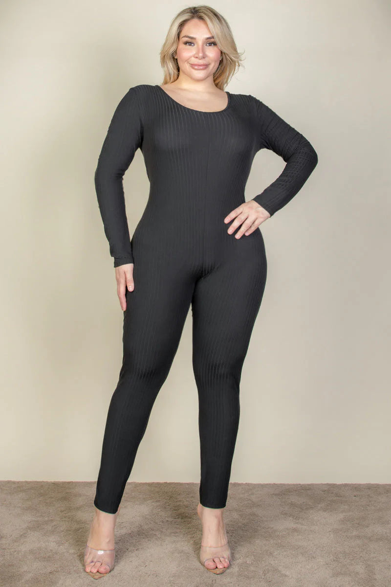 Ribbed Scoop Neck Long Sleeve Jumpsuit, Plus Size