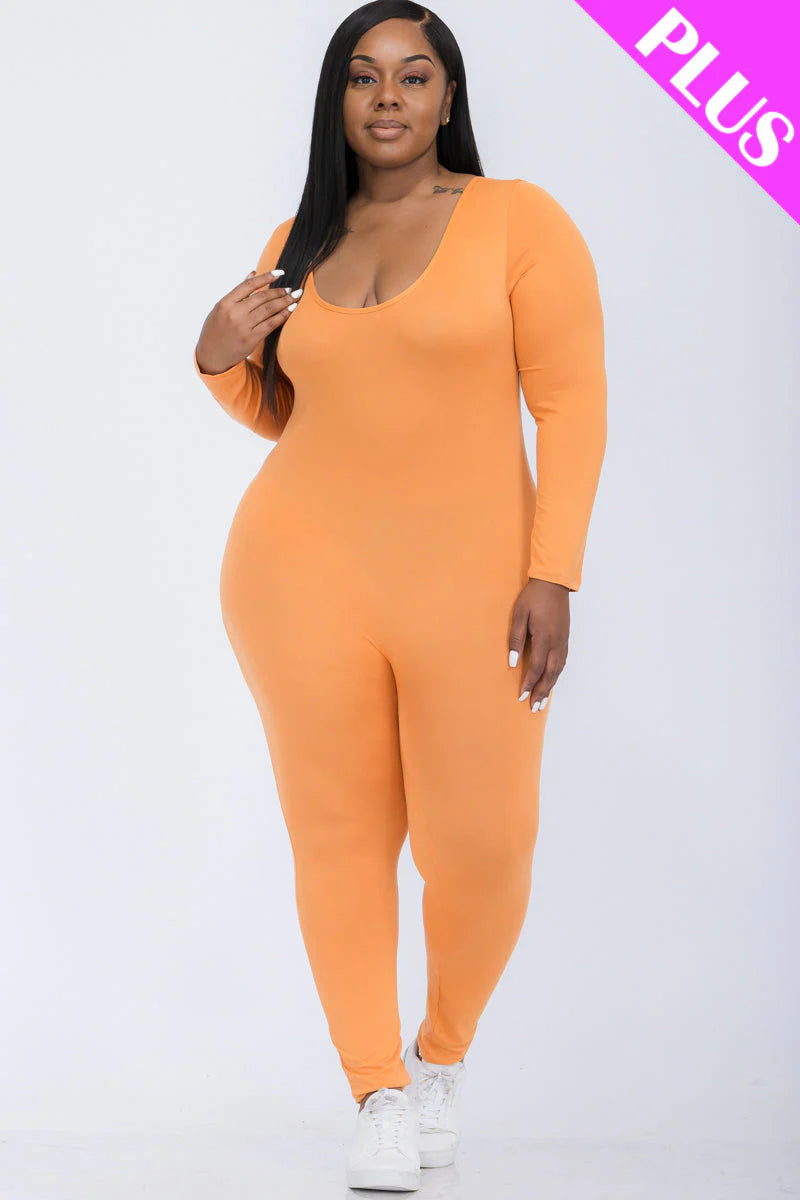 Scoop Neck Long Sleeve Bodycon Jumpsuit, Plus Size