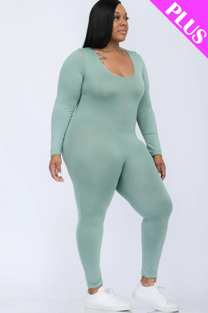 Scoop Neck Long Sleeve Bodycon Jumpsuit, Plus Size