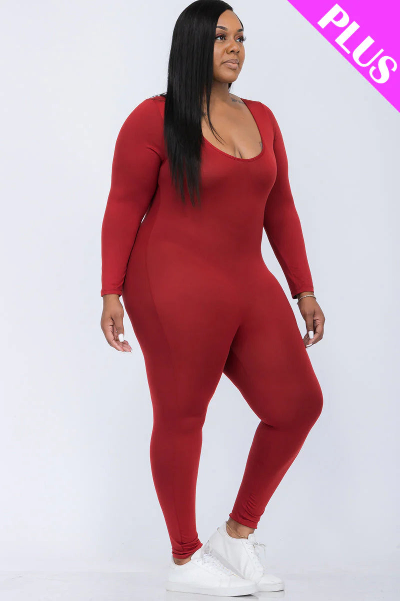 Scoop Neck Long Sleeve Bodycon Jumpsuit, Plus Size