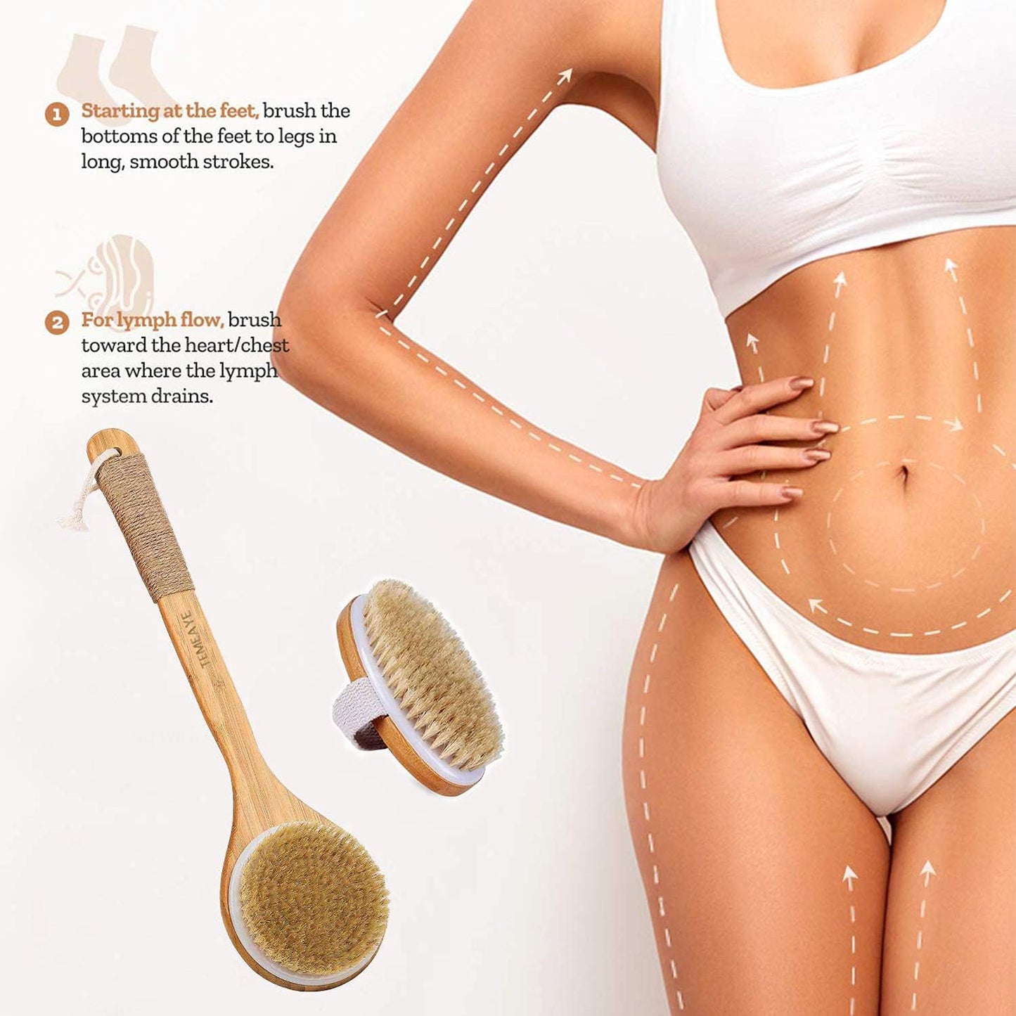 Dry Brushing Body Brush Set (2-Piece) – Wooden Long-Handle & Handheld Exfoliating Brushes for Lymphatic Massage, Smooth, Glowing Skin