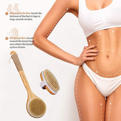 Dry Brushing Body Brush Set (2-Piece) – Wooden Long-Handle & Handheld Exfoliating Brushes for Lymphatic Massage, Smooth, Glowing Skin