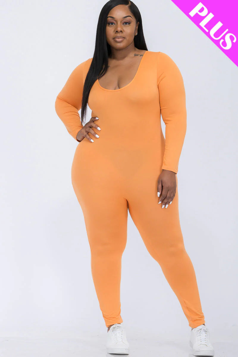 Scoop Neck Long Sleeve Bodycon Jumpsuit, Plus Size