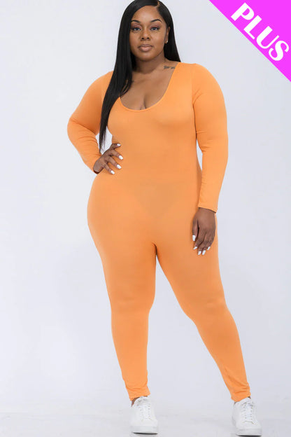 Scoop Neck Long Sleeve Bodycon Jumpsuit, Plus Size