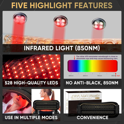 Cordless Red Light Therapy Belt for Body & Face – Near-Infrared 850nm LED Wrap, Adjustable Timer 10–30 Min