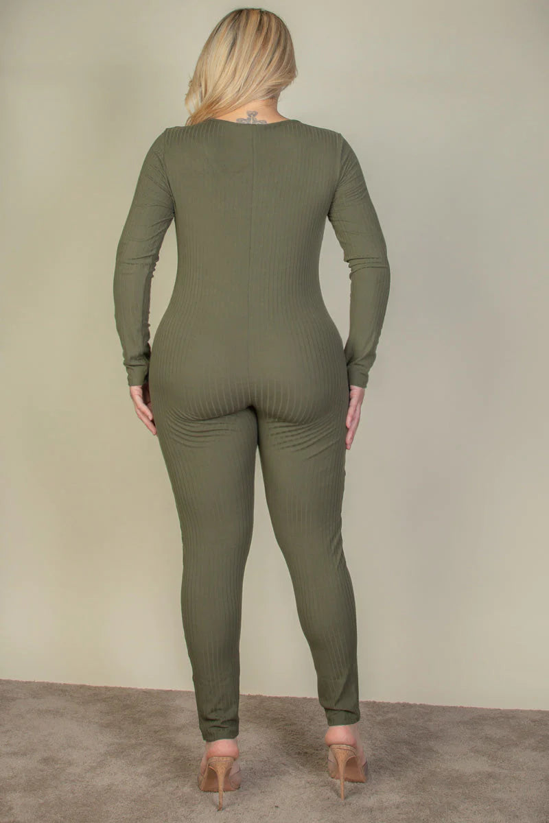 Ribbed Scoop Neck Long Sleeve Jumpsuit, Plus Size