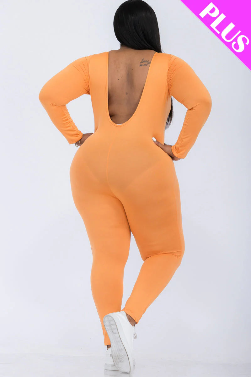 Scoop Neck Long Sleeve Bodycon Jumpsuit, Plus Size